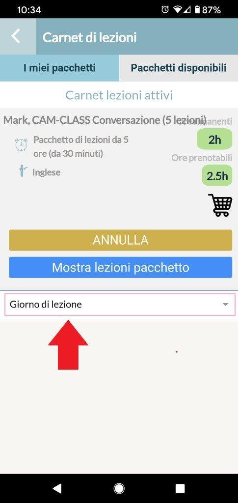 Schermata di prenotazione lezioni di inglese online