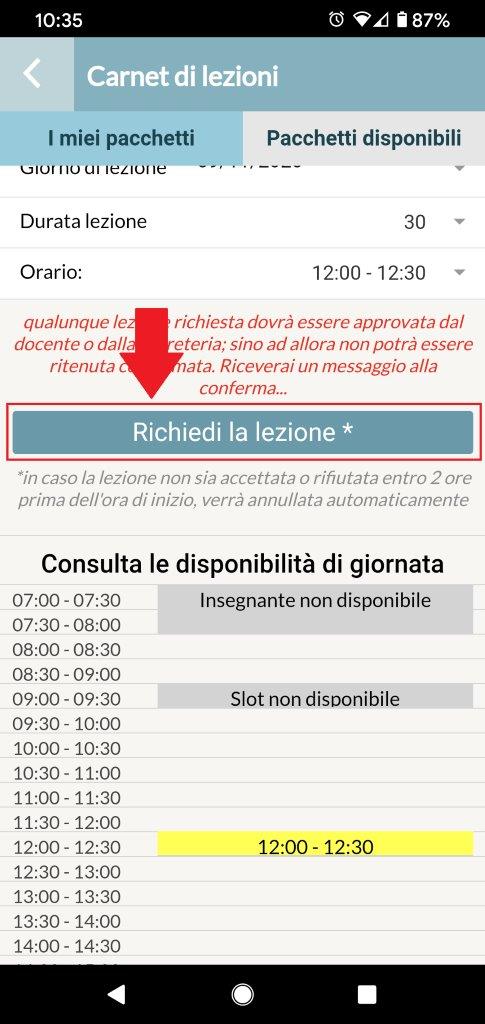 Schermata per prenotare lezioni di inglese online