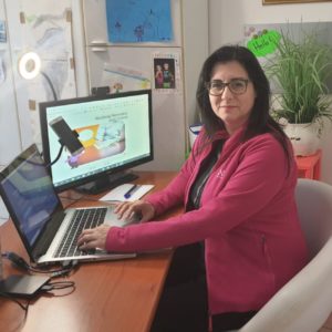 Insegnante di inglese online al computer con appunti.
