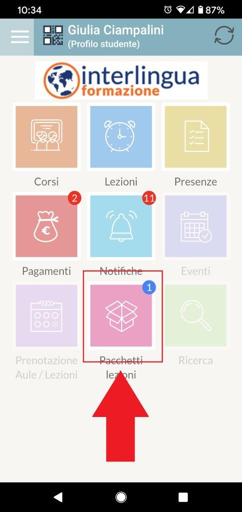 Schermata del profilo studente su Interlingua Formazione con notifiche.