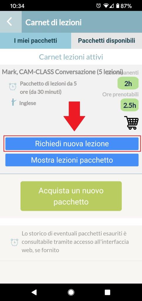Schermata del carnet di lezioni per corsi d'inglese