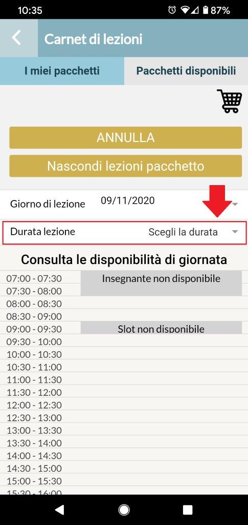 Schermata di prenotazione lezioni di lingua online
