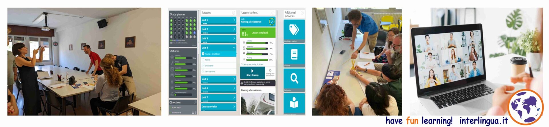 Studenti apprendono inglese in aula e online con Interlingua Formazione.
